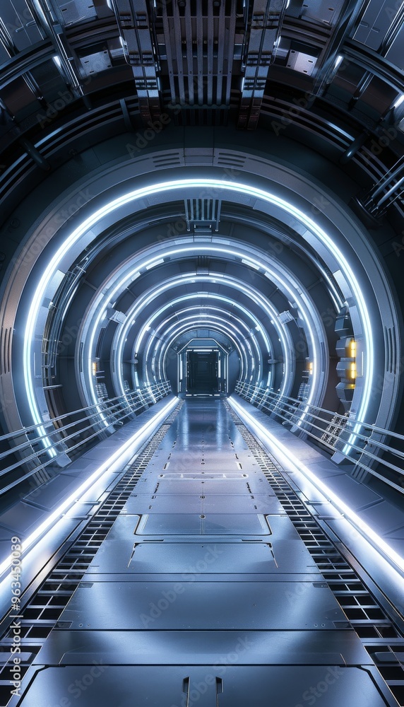 AI-generated 3D render of a spaceship gangway in a futuristic science fiction style, highlighting AI-generated 3D render of a spaceship gangway in a futuristic science fiction style, highlighting