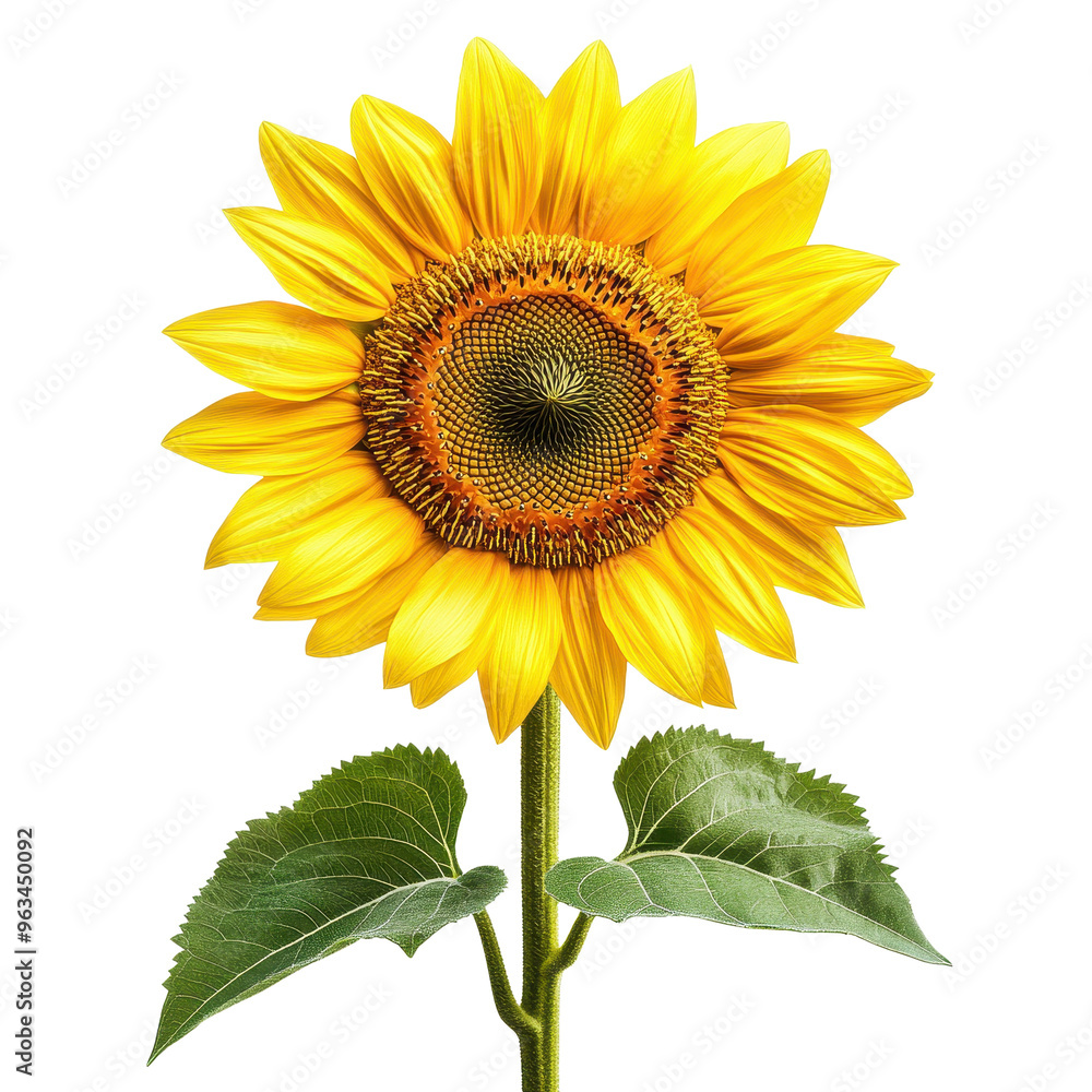 Fototapeta premium A large yellow sunflower with a green leaf. The flower is the main focus of the image, and it is surrounded by a white background. The bright yellow color of the flower