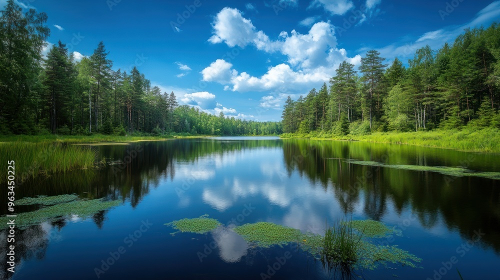 A Calm Forest Lake Under a Blue Sky with Puffy Clouds A Calm Forest Lake Under a Blue Sky with Puffy Clouds