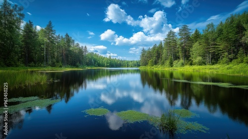 A Calm Forest Lake Under a Blue Sky with Puffy Clouds