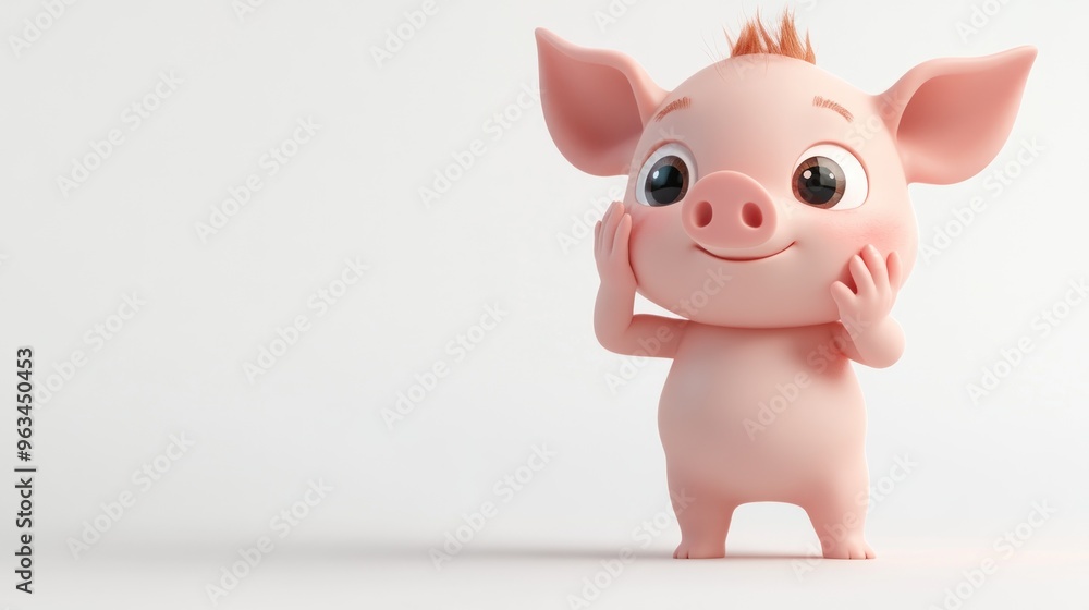 A cute cartoon pig character with a cheerful expression, standing with hands on cheeks. A cute cartoon pig character with a cheerful expression, standing with hands on cheeks.