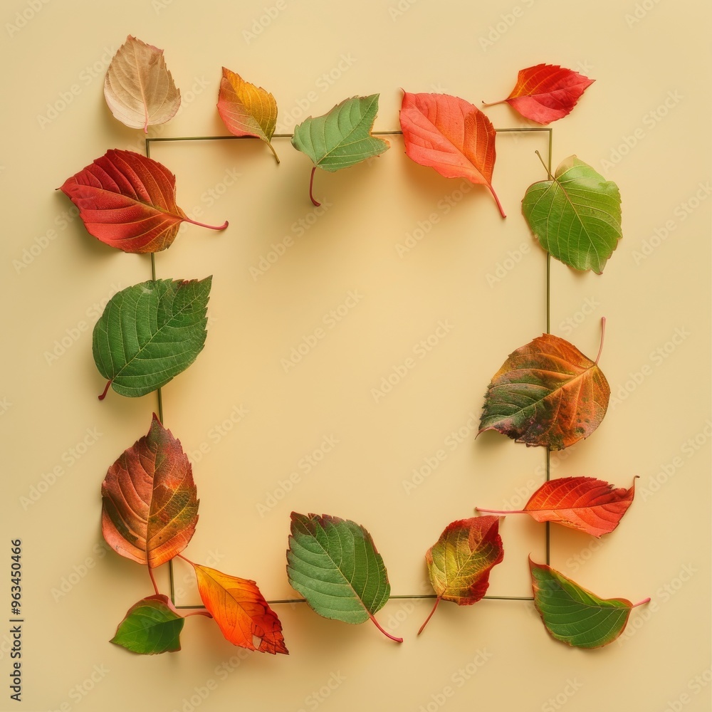 Autumn composition with a frame made of fall leaves a pastel beige background
