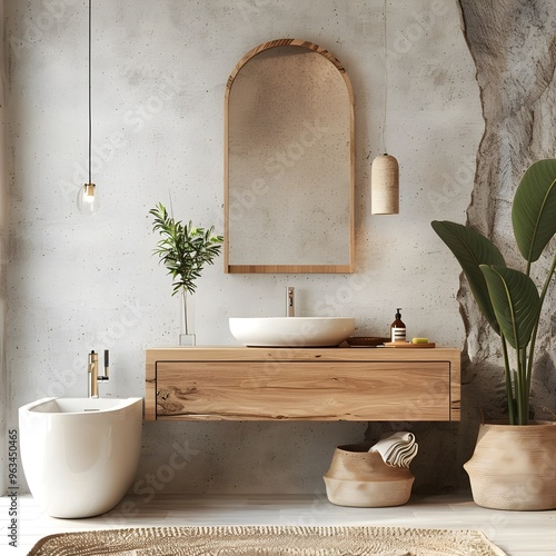 Wooden Vanity in Minimalist Bathroom with Clean Interior and Frame Mockup 3D Rendering
