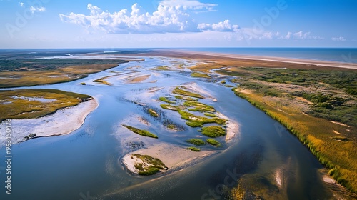 A river delta overtaken by saltwater intrusion, where brackish water has replaced freshwater, representing the impacts of rising sea levels on coastal ecosystems.