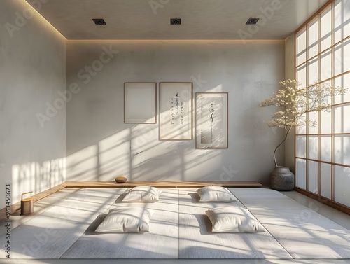 Zen-Inspired Minimalist Meditation Room with Frame Mockup in 3D Rendering