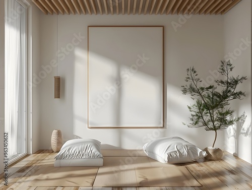 Zen-Inspired Minimalist Meditation Room with Elegant Frame Mockup in Clean 3D Interior
