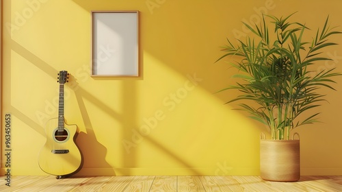 Zen-Inspired Minimalist Room with Guitar and Bamboo Plant,3D Rendering