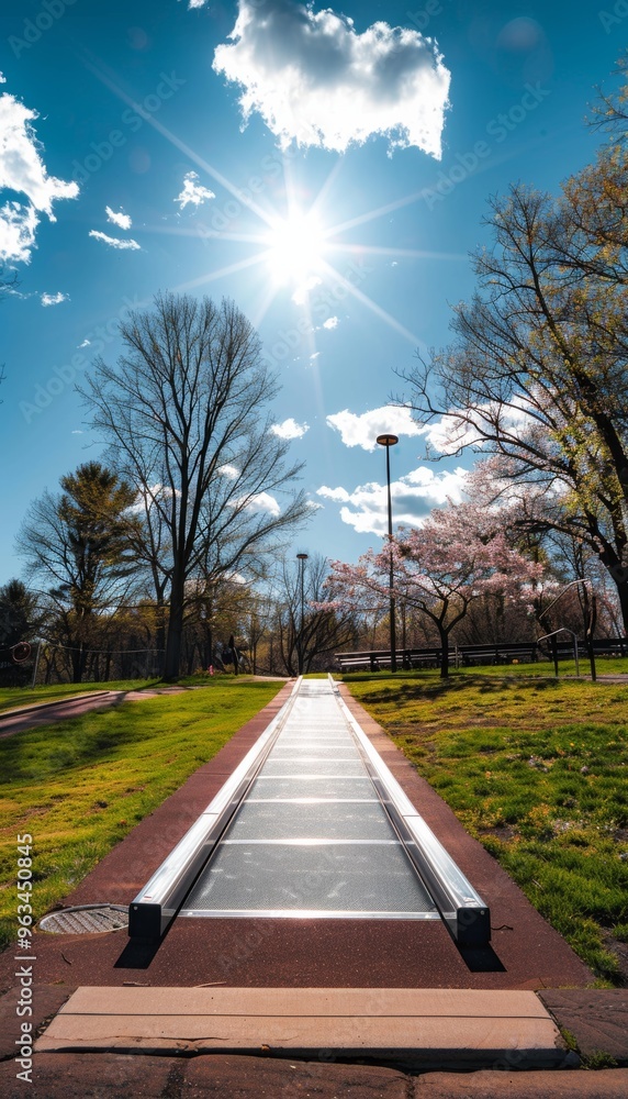 Naklejka premium Empty wheelchair ramp on a beautiful spring day, emphasizing accessibility inclusion with a vibrant