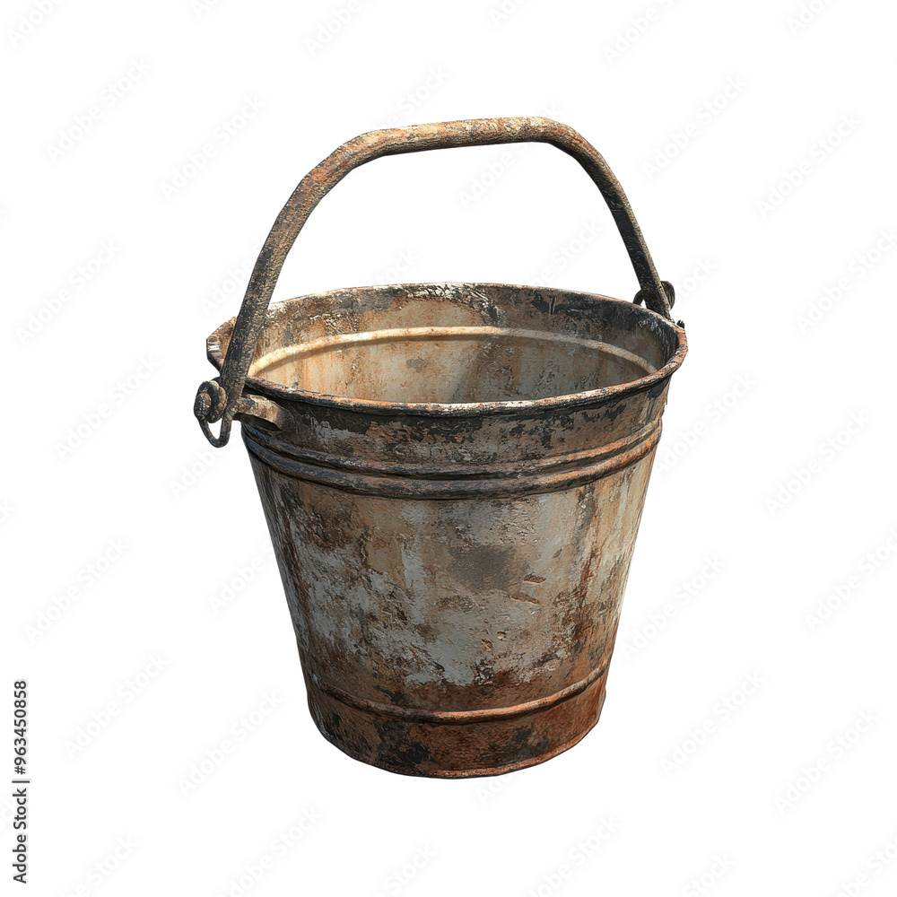 A rusty bucket with a handle sits on a white background. The bucket is old and worn, with a sense of history and nostalgia A rusty bucket with a handle sits on a white background. The bucket is old and worn, with a sense of history and nostalgia