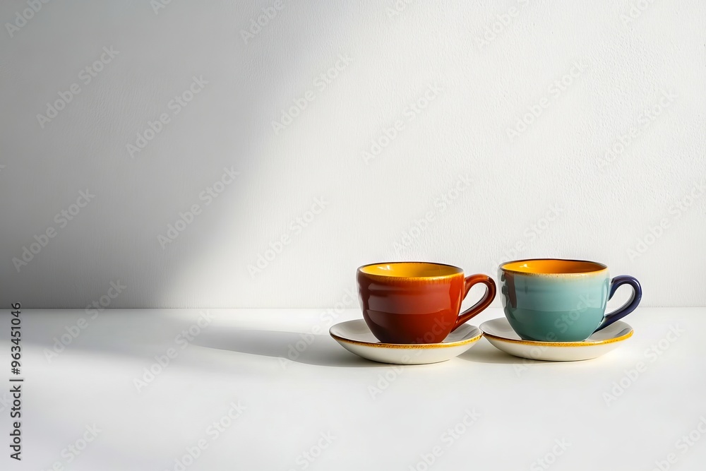 Two colorful cups and saucers sitting on a white table Two colorful cups and saucers sitting on a white table