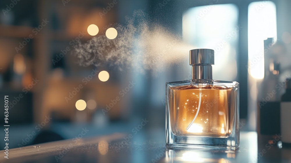 Close-up of a perfume bottle being sprayed, capturing the mist and the bottle's elegant label, with a blurred background of a stylish dressing area Close-up of a perfume bottle being sprayed, capturing the mist and the bottle's elegant label, with a blurred background of a stylish dressing area