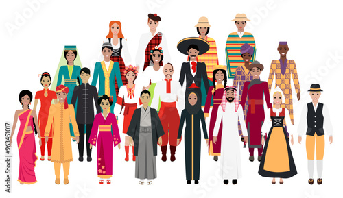 Illustration showing diverse people in colorful traditional clothing from around the world. For cultural diversity, global unity, heritage, tradition, world cultures, multiculturalism, inclusion.