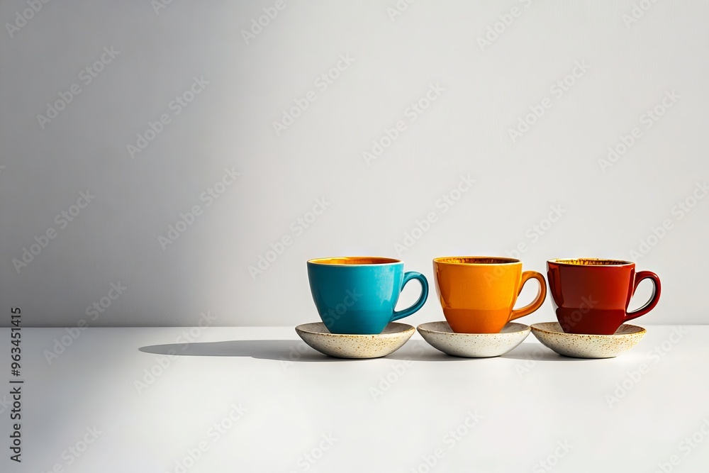 A row of colorful cups and saucers sitting on a table A row of colorful cups and saucers sitting on a table