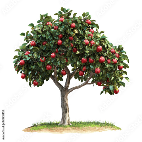 A tree with many red apples on it. The tree is the main focus of the image. The apples are ripe and ready to be picked. The image has a peaceful and serene mood