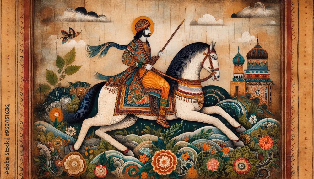 Obraz premium Realistic stock photo of a traditional Madhubani painting depicting a man on a horse, captured in vivid detail on a rustic textured canvas background