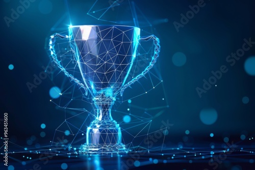 Digital blue trophy cup in low poly wireframe, smart award management, achievement and success in competitions, E-sports and Gaming Competitions. 