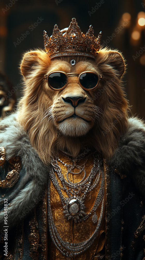 Stylish dangerous royal lion in a luxurious gold suit with jewelry and chains, in a fur coat and with sunglasses and a crown confidently looks into the camera. Themes of leadership, power and greatnes Stylish dangerous royal lion in a luxurious gold suit with jewelry and chains, in a fur coat and with sunglasses and a crown confidently looks into the camera. Themes of leadership, power and greatnes