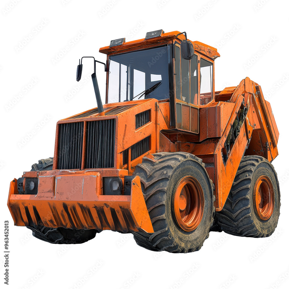 An orange construction vehicle with a large tire on the front. The vehicle is parked on a white background An orange construction vehicle with a large tire on the front. The vehicle is parked on a white background