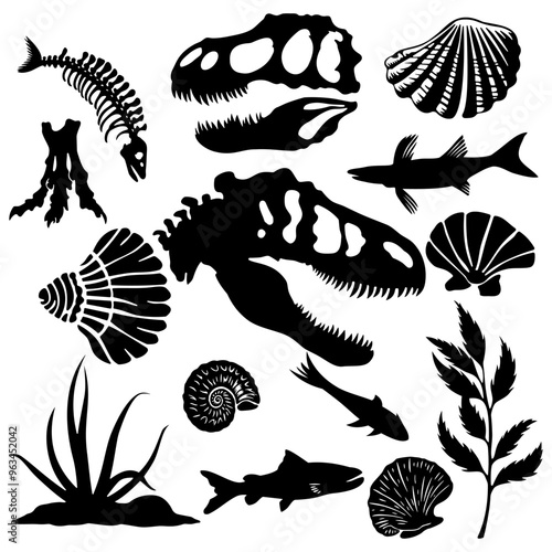 Set of vector silhouettes of dinosaur fossils and ancient animals.