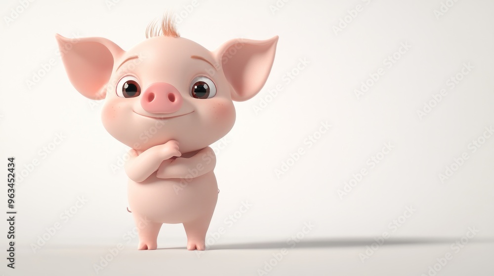 A cute cartoon piglet stands smiling with arms crossed, exuding charm and playfulness. A cute cartoon piglet stands smiling with arms crossed, exuding charm and playfulness.