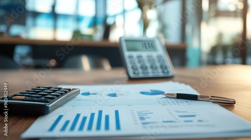 Close-up of financial documents with charts and graphs, a calculator, and a pen, on a desk with a modern banking environment in the background