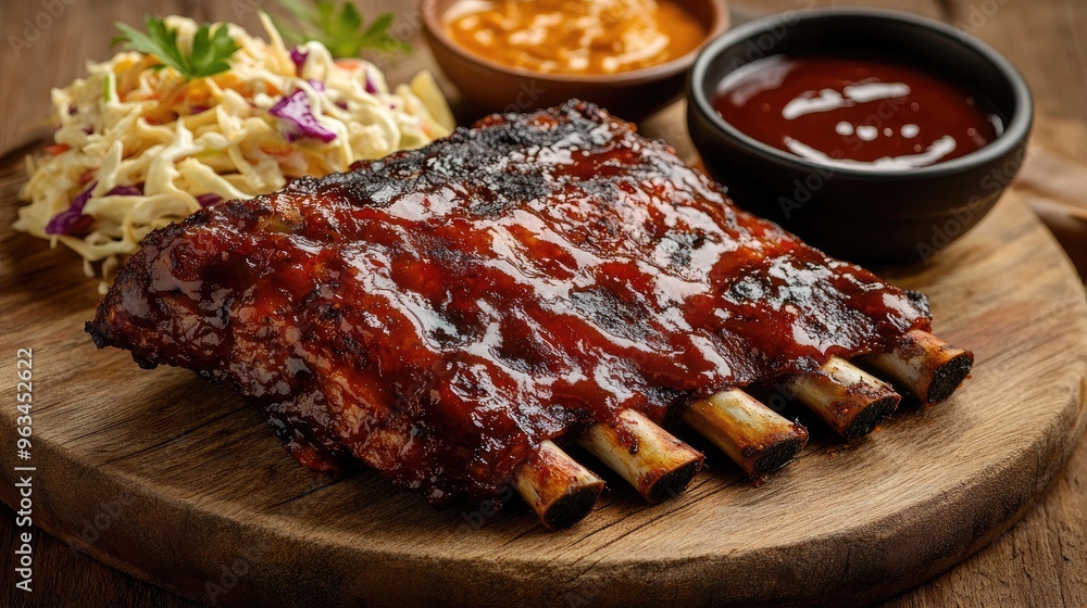 Close-up of perfectly grilled pork ribs with a caramelized glaze, served with a side of coleslaw and BBQ sauce on a rustic wooden table Close-up of perfectly grilled pork ribs with a caramelized glaze, served with a side of coleslaw and BBQ sauce on a rustic wooden table