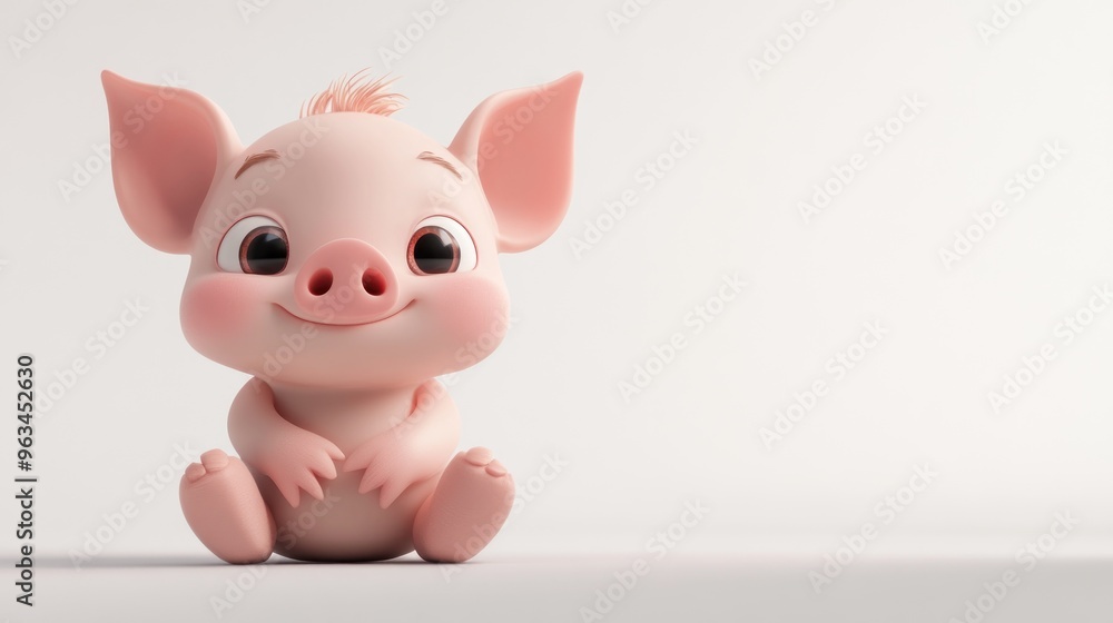 A cute cartoon piglet with a cheerful expression, sitting on a light background. A cute cartoon piglet with a cheerful expression, sitting on a light background.