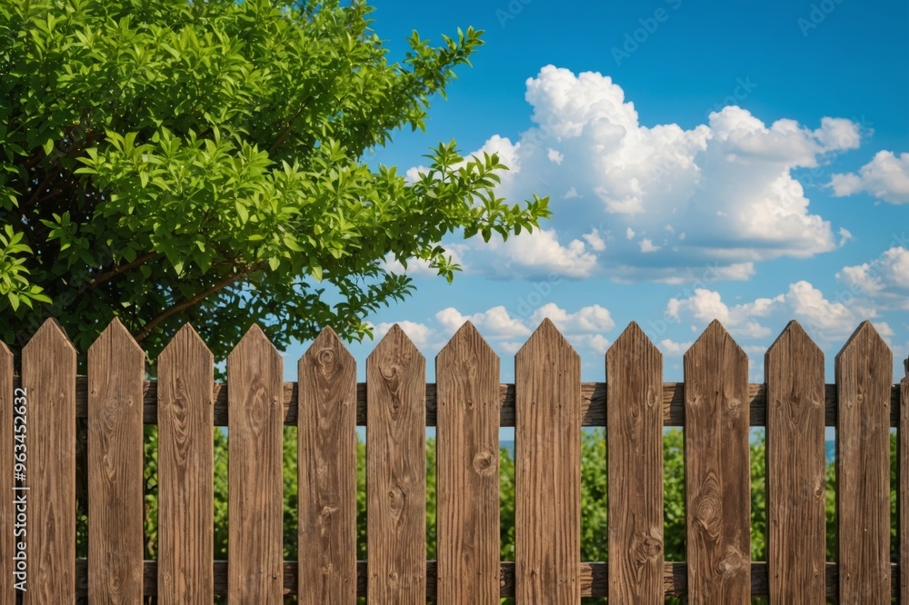 Summer Sky Blue,Cloud over Green bushes leaves on brown wood fence background Summer Sky Blue,Cloud over Green bushes leaves on brown wood fence background
