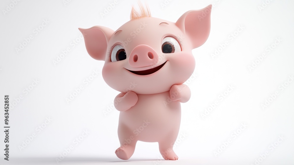 A cute cartoon piglet with a joyful expression, standing and smiling.
