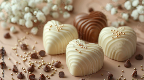 Elegant heart-shaped white and milk chocolates adorned with golden sprinkles, surrounded by delicate flowers and chocolate chips, creating a romantic, luxurious ambiance. 