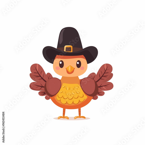 Flat illustration of a cute turkey wearing a black hat. Happy Thanksgiving Day with cute pilgrim turkey. Thanksgiving turkey character for sticker, thanksgiving card, invitation, or children book