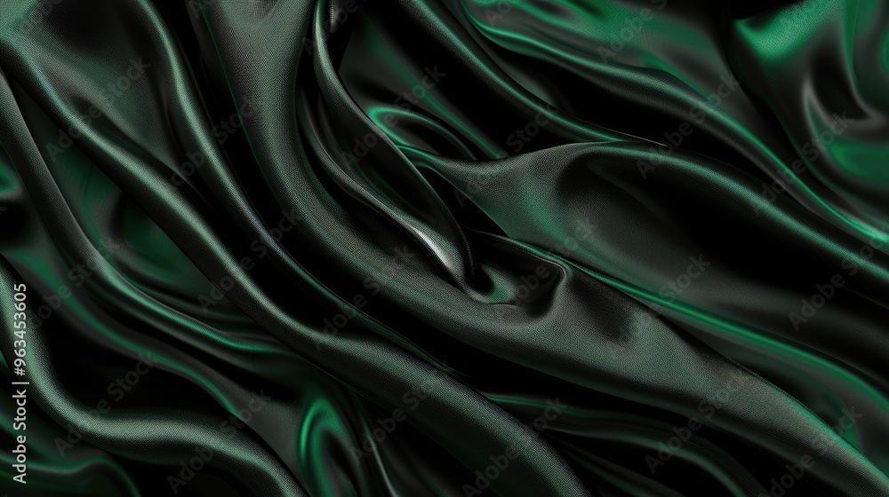 Fototapeta premium Black silk fabric with green stripes, wrinkled texture. Abstract dark green background template.