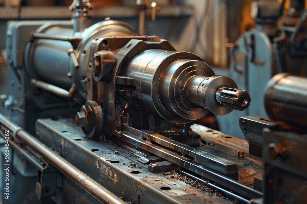 Closeup of an old metalworking lathe machine tool shows the cutting tool Closeup of an old metalworking lathe machine tool shows the cutting tool