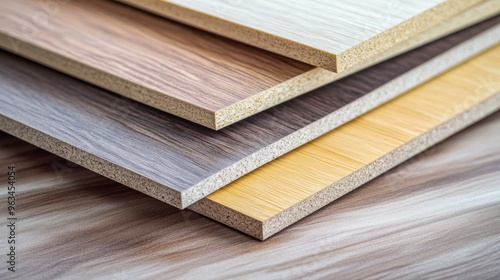 Close-up of various types of melamine faced chipboard panels in different wood-like finishes, highlighting texture and material layers. photo