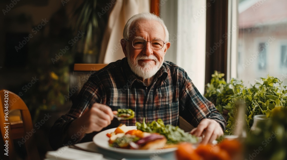 Senior man in a retirement happily enjoying a healthy lunch. A showcase of a lifestyle of well-being and contentment.