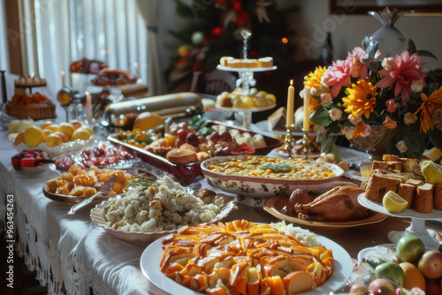 A beautifully decorated Thanksgiving table with an inviting spread of traditional foods, surrounded by family members ready to celebrate together.. AI generated.