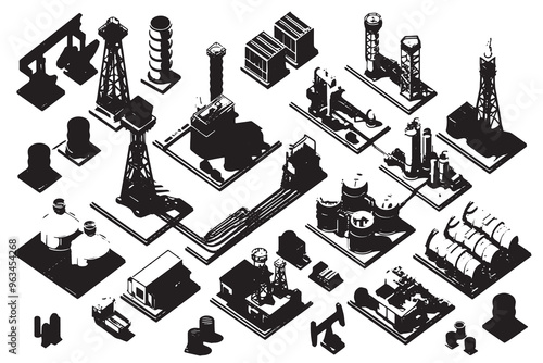Isometric illustration of an industrial oil refinery, drilling platforms, and energy infrastructure for oil and gas production and manufacturing processes.