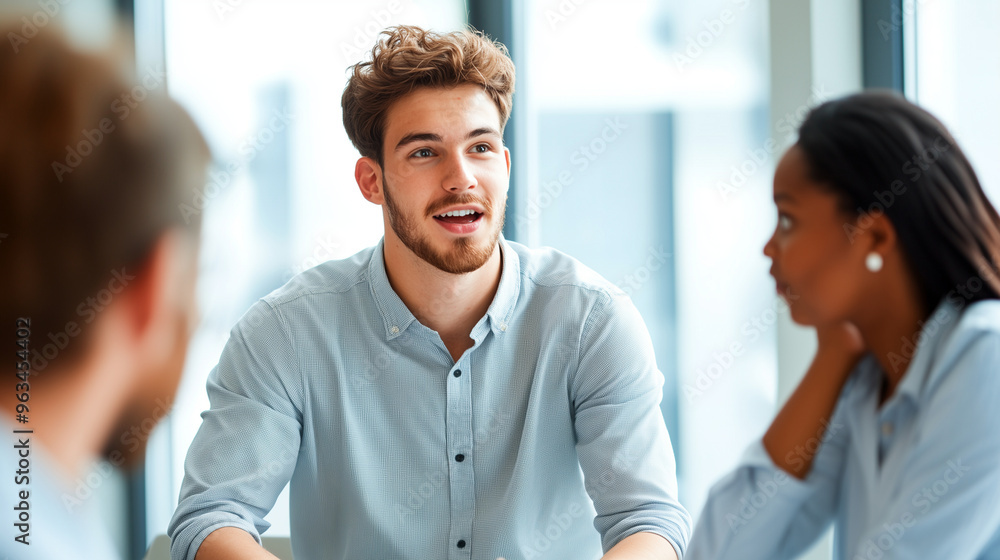 Obraz premium A young designer in a casual button-up shirt is enthusiastically presenting his ideas to colleagues in a modern conference room. His team listens attentively, with one person leani