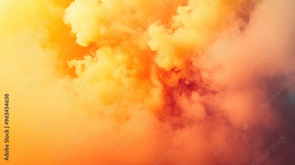 Dramatic scene of orange and yellow smoke billowing out of a smoke bomb, with the colors creating a fiery, intense atmosphere Dramatic scene of orange and yellow smoke billowing out of a smoke bomb, with the colors creating a fiery, intense atmosphere