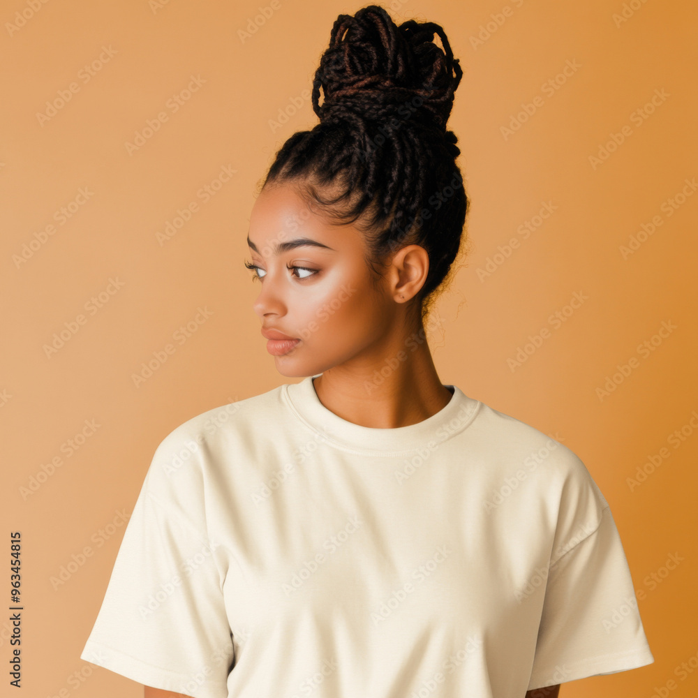 Fashion mockup of a woman in a blank ivory t-shirt Fashion mockup of a woman in a blank ivory t-shirt