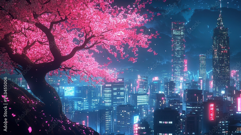 Fantasy Japanese Nightscape with Neon Cherry Blossom Tree