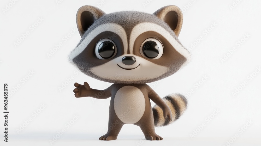 Naklejka premium A cute cartoon raccoon character with a friendly expression and a waving gesture.