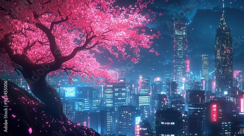 Obraz na płótnie Fantasy Japanese Nightscape with Neon Cherry Blossom Tree w salonie