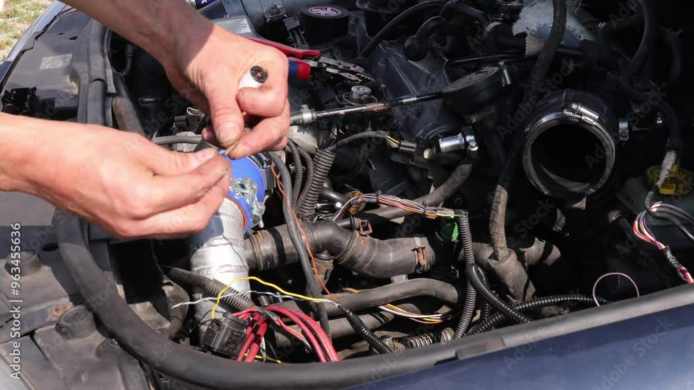 The mechanic holds wires in his hands, selecting the right ones, organizing connectors for electrical equipment in a car, stripping the wires, and installing terminals. Auto repair service concept. The mechanic holds wires in his hands, selecting the right ones, organizing connectors for electrical equipment in a car, stripping the wires, and installing terminals. Auto repair service concept.
