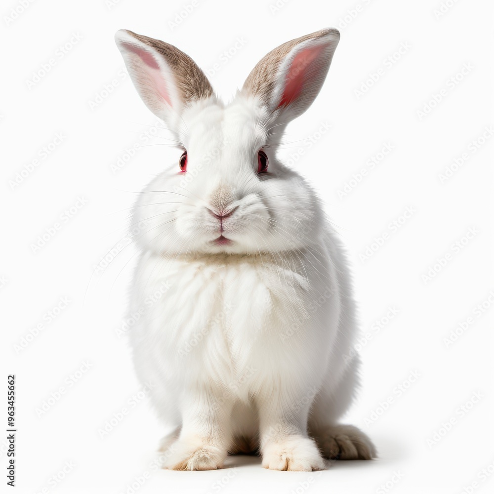 Cute white rabbit is sitting on a white isolated background Cute white rabbit is sitting on a white isolated background