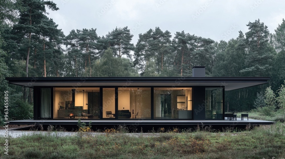 Exterior of a minimalist home with a flat roof, large glass windows, and a simple facade, blending seamlessly with its natural surroundings Exterior of a minimalist home with a flat roof, large glass windows, and a simple facade, blending seamlessly with its natural surroundings