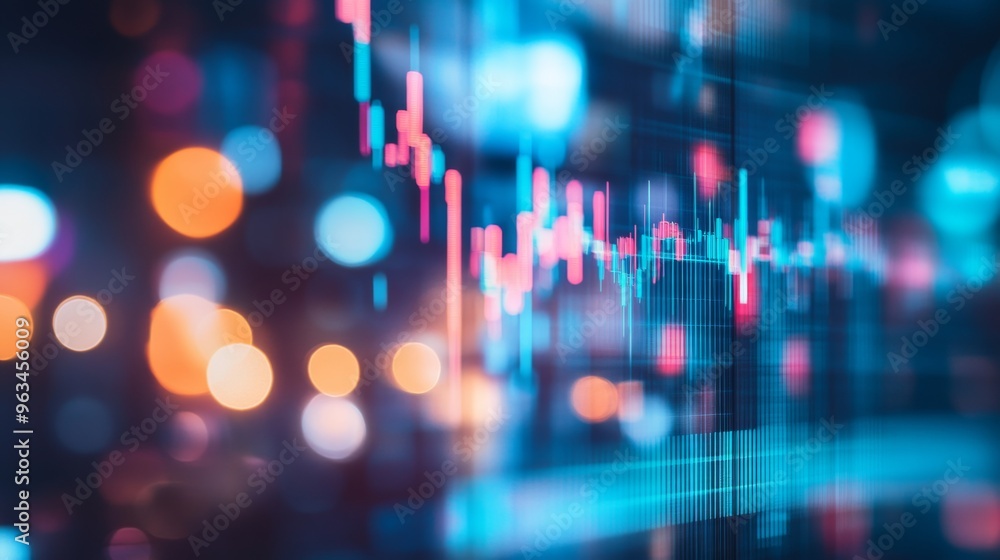 Colorful abstract lights with bright and blurred city background. Financial graphs, stock charts. Colorful abstract lights with bright and blurred city background. Financial graphs, stock charts.