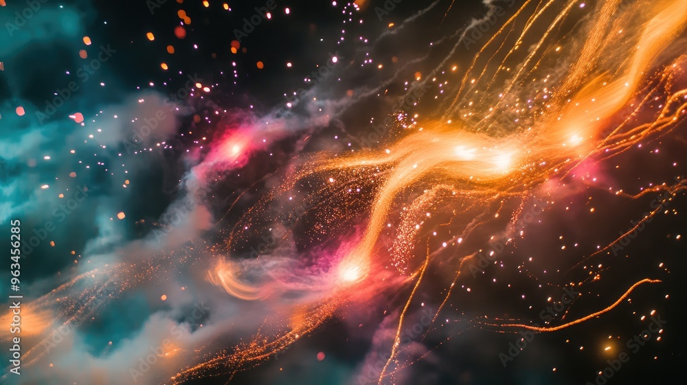 Obraz premium Fireworks exploding in the night sky, with bright, colorful flames and trails creating a festive and celebratory scene