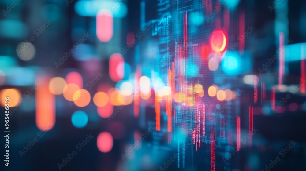Colorful abstract lights with bright and blurred city background. Financial graphs, stock charts. Colorful abstract lights with bright and blurred city background. Financial graphs, stock charts.