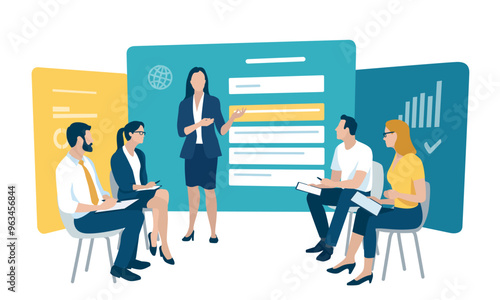 Studying, education, learning business illustration. The business team listens to the female teacher.
